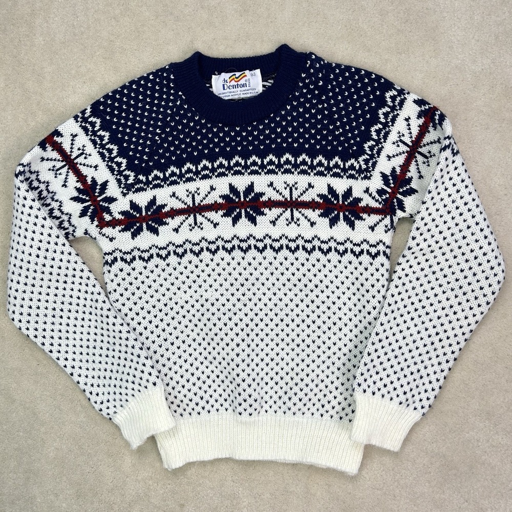 Vintage 80s Dr. Denton Sweater Crewneck Youth 6 Birdseye Nordic Snowflake USA